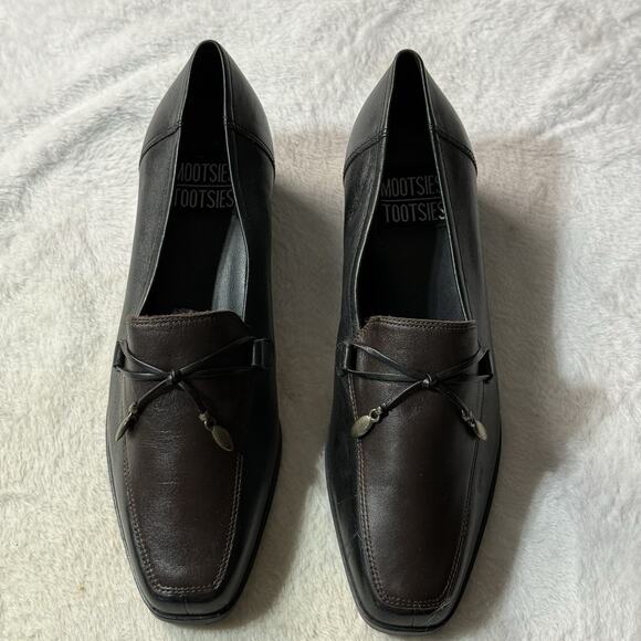 Mootsies Tootsie Leather Heel Loafers Y2K Square Toe Brown Black Bow Womens Sz 8 - Picture 2 of 4